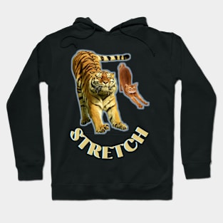 Stretch exercise by a tiger and a cat - gold text Hoodie